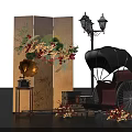 Vintage Photo Check In Spot With Floral Screen Gramophone Street Lamp And Rickshaw