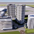Modern High Rise Office Building Exterior Design With Trees And Open Road Under Blue Sky