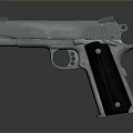 Classic Silver Metal Pistol With Wooden Grip Isolated On Gray Background