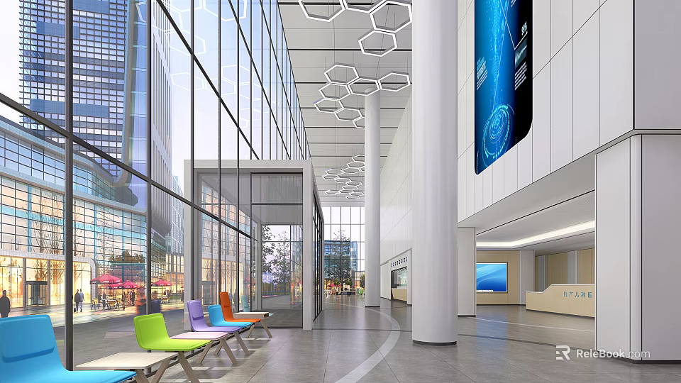 Modern Hospital Outpatient Lobby with Glass Curtain Walls Hexagonal Ceiling Colorful Seats and Large Screen 3d model 