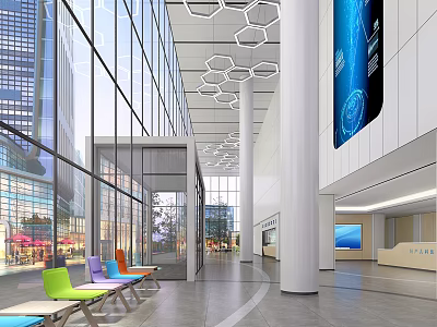 Modern Hospital Outpatient Lobby with Glass Curtain Walls Hexagonal Ceiling Colorful Seats and Large Screen 3d model