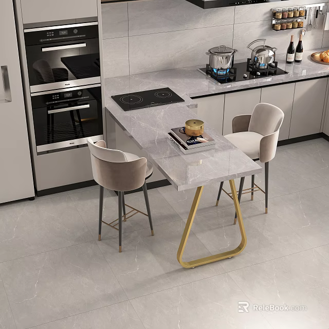 Modern Kitchen Interior With Marble Island Countertop Cabinets Dining Chairs And Appliances 3d model 