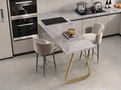 Modern Kitchen Interior With Marble Island Countertop Cabinets Dining Chairs And Appliances 3d model