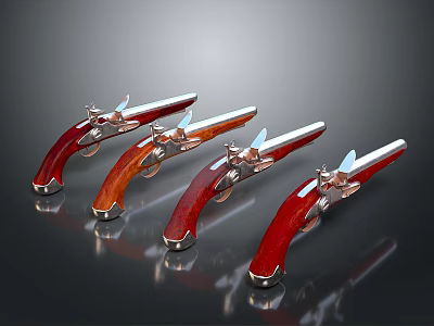 Four Old Fashioned Pistols With Red Wooden Grips And Metal Components On Black Reflective Surface 3d model