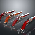 Four Old Fashioned Pistols With Red Wooden Grips And Metal Components On Black Reflective Surface