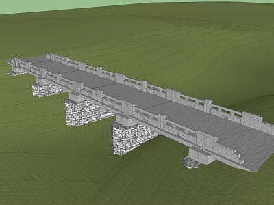 Sturdy Bridge Structure With Multiple Stone Piers And Grey Deck In Green Field 3d model