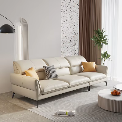 Light Beige Three Seater Sofa In Modern Living Room With Cushions 3d model