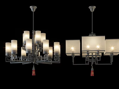 Two Styles Modern Chandeliers With Metal Frames Glass Square Shades And Red Tassels 3d model
