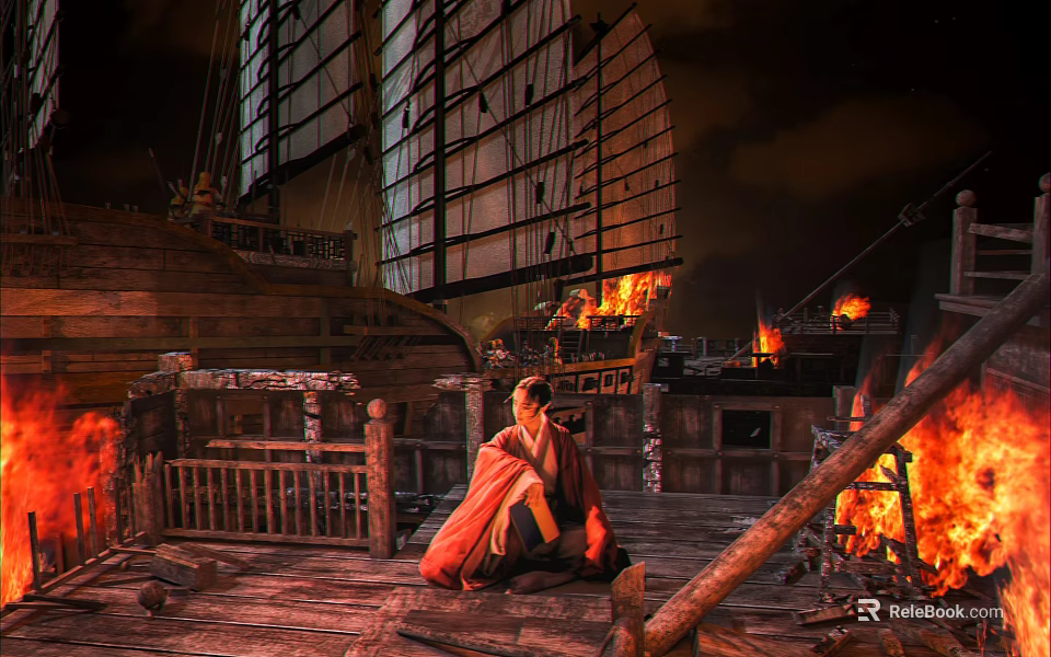 Cartoon Scene With Ancient Ship Burning Fire And Red Robe Character On Wooden Deck 3d model