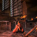 Cartoon Scene With Ancient Ship Burning Fire And Red Robe Character On Wooden Deck 3d model