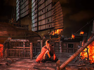 Cartoon Scene With Ancient Ship Burning Fire And Red Robe Character On Wooden Deck 3d model