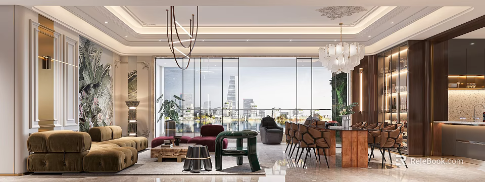 Modern Living And Dining Room Interior With Large Windows City View Chandelier And Sofa 3d model 