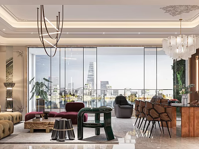 Modern Living And Dining Room Interior With Large Windows City View Chandelier And Sofa 3d model