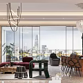 Modern Living And Dining Room Interior With Large Windows City View Chandelier And Sofa