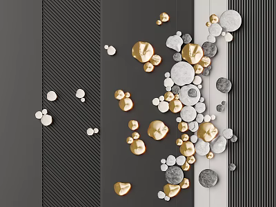Wall Decor With Gold White Gray Shapes On Dark Striped Wall 3d model