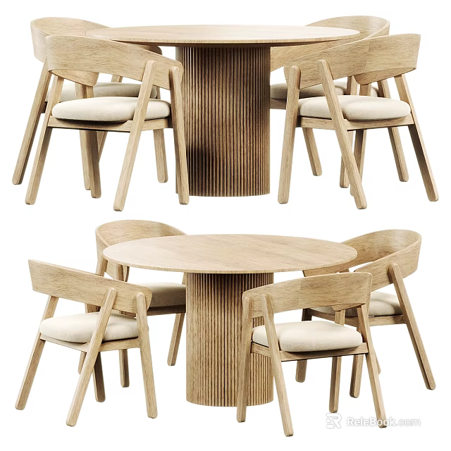 Modern Wooden Round Dining Table Set With Upholstered Chairs Simple Design 3d model