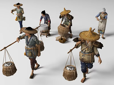 Group Of Ancient Fishermen In Traditional Attire And Straw Hats Working 3d model