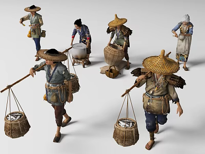 Group Of Ancient Fishermen In Traditional Attire And Straw Hats Working 3d model Group Of Ancient Fishermen In Traditional Attire And Straw Hats Working 3d model