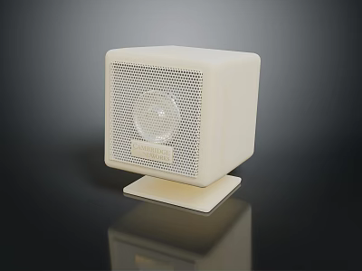 White Cube Shaped Electronic Appliance With Mesh Design And Circular Speaker 3d model