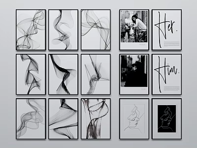 Black and White Abstract Art Prints With Framed Grid Layout And Figure Silhouettes 3d model