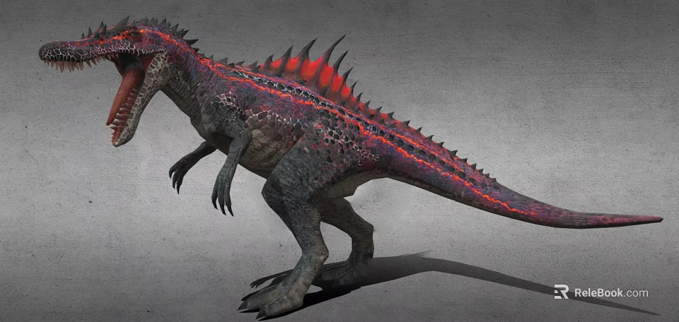 Realistic 3D Dinosaur Model With Red Spine And Open Mouth On Gray Background 3d model 