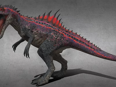 Realistic 3D Dinosaur Model With Red Spine And Open Mouth On Gray Background 3d model