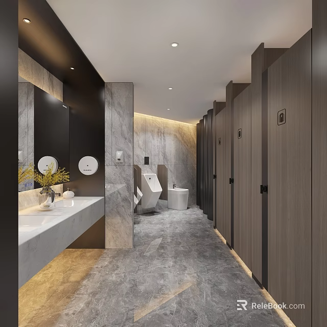 Modern Public Restroom Interior With Marble Walls Washbasins Stalls And Lighting 3d model 