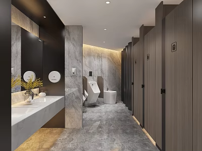 Modern Public Restroom Interior With Marble Walls Washbasins Stalls And Lighting 3d model