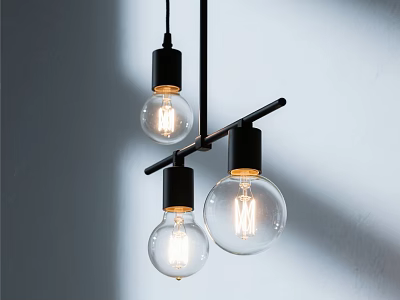 Modern Three Pendant Lights with Black Base Transparent Glass Shade and Filament Bulbs 3d model