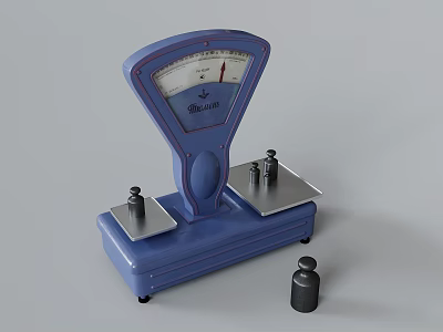 Vintage Blue Balance Scale With Analog Dial Metal Weights And Platform Pans 3d model