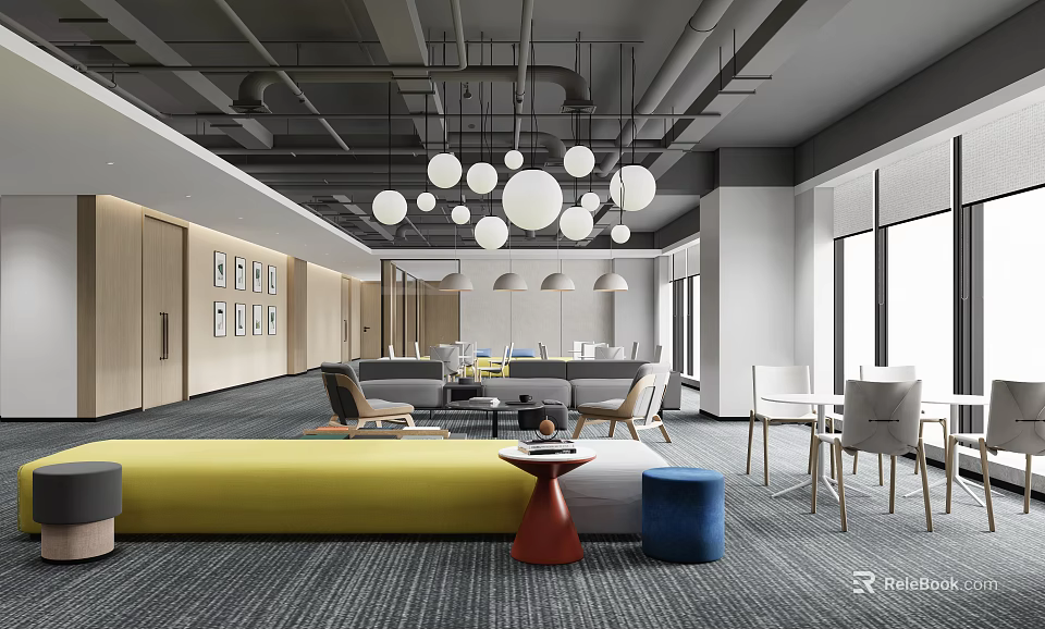 Modern Break Room Interior Design With Comfortable Sofas Tables Chairs And Pendant Lights 3d model 