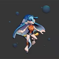 Blue Haired Cartoon Girl In Orange Top Dancing With Floating Blue Bubbles