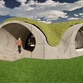 Concrete Building Interior Space With Circular Skylight Arched Windows And Stone Floor 3d model