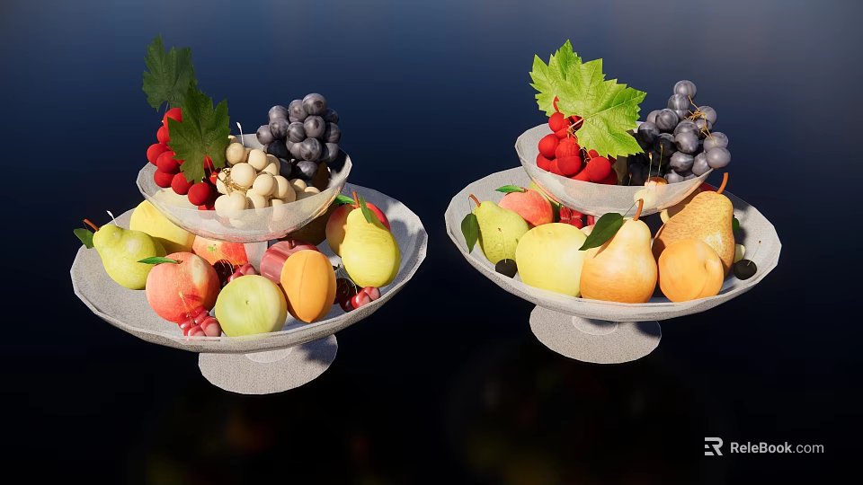 Fresh Assorted Fruits Displayed on White Plates with Grapes Berries Pears Peaches Apples and Oranges 3d model 