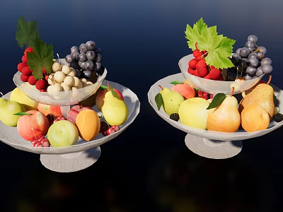 Fresh Assorted Fruits Displayed on White Plates with Grapes Berries Pears Peaches Apples and Oranges 3d model