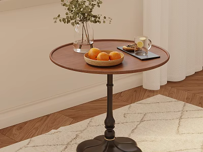 Round Wooden Side Table with Black Base Vase Green Plants Bowl Oranges and Tray 3d model