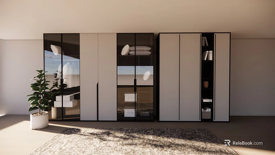 Modern Wardrobe Design With Glass Doors And Black White Panels In Bright Room With Rug 3d model 