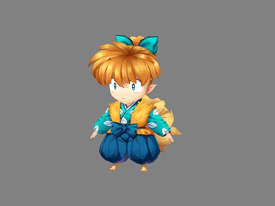 Cartoon Little Girl Character With Orange Hair Blue Bow Teal Kimono And Yellow Decorations 3d model