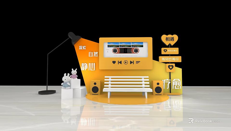 Vibrant Photo Check In Spot With Cassette Screen Bench Rabbit Dolls And Calm Vibe 3d model 