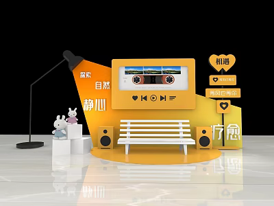 Vibrant Photo Check In Spot With Cassette Screen Bench Rabbit Dolls And Calm Vibe 3d model