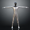 Futuristic Silver Humanoid Character with Black Head and Outstretched Arms Standing Against Dark Background