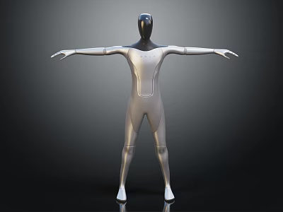 Futuristic Silver Humanoid Character with Black Head and Outstretched Arms Standing Against Dark Background 3d model