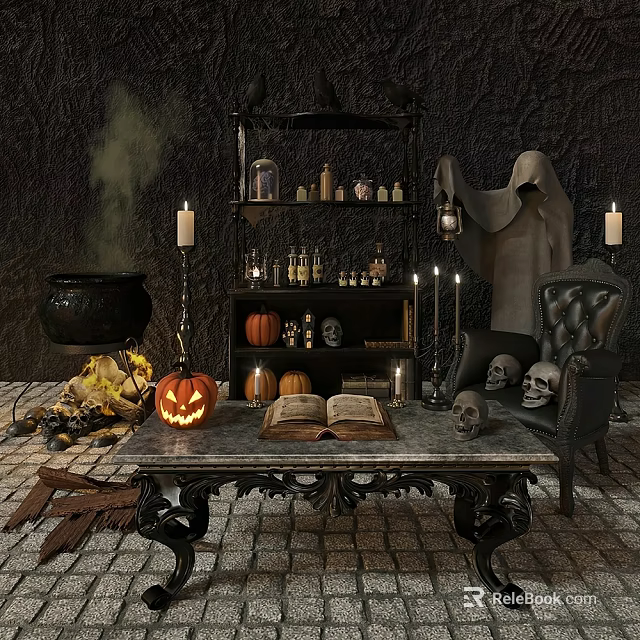 Mystical Halloween Scene With Jack O Lantern Skulls Cauldron Candles Open Book And Ghostly Cloak 3d model 