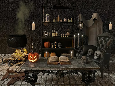 Mystical Halloween Scene With Jack O Lantern Skulls Cauldron Candles Open Book And Ghostly Cloak 3d model