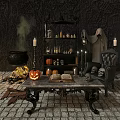 Mystical Halloween Scene With Jack O Lantern Skulls Cauldron Candles Open Book And Ghostly Cloak