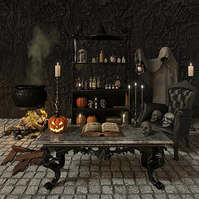 Mystical Halloween Scene With Jack O Lantern Skulls Cauldron Candles Open Book And Ghostly Cloak 3d model