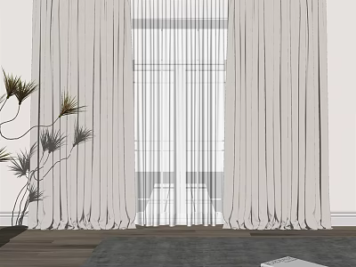 White Curtains With Sheer Layer And Indoor Plant In Modern Living Room 3d model
