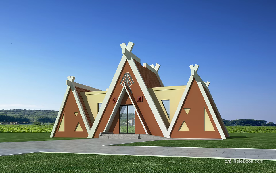 Unique Traditional Style Building With Triangular Roofs Brown Yellow Exterior On Green Lawn 3d model 