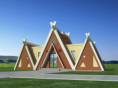 Unique Traditional Style Building With Triangular Roofs Brown Yellow Exterior On Green Lawn 3d model