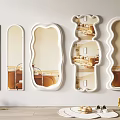 Different Shaped White Framed Mirrors Hanging On Wall With Sunflowers And Tableware 3d model